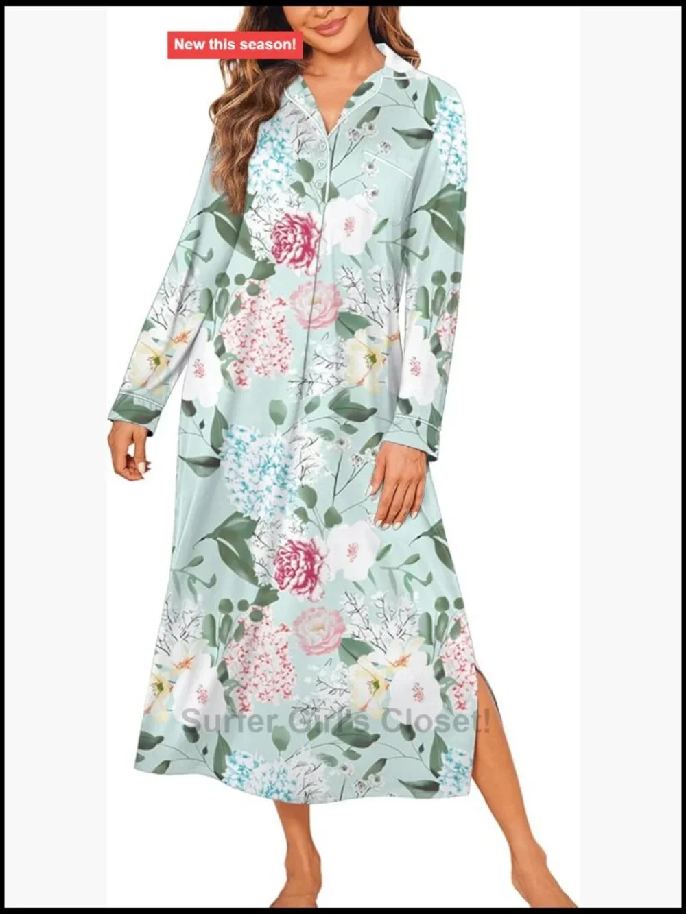 Long Sleeve Nightgown Button Down Soft Sleepwear Lounge Dress